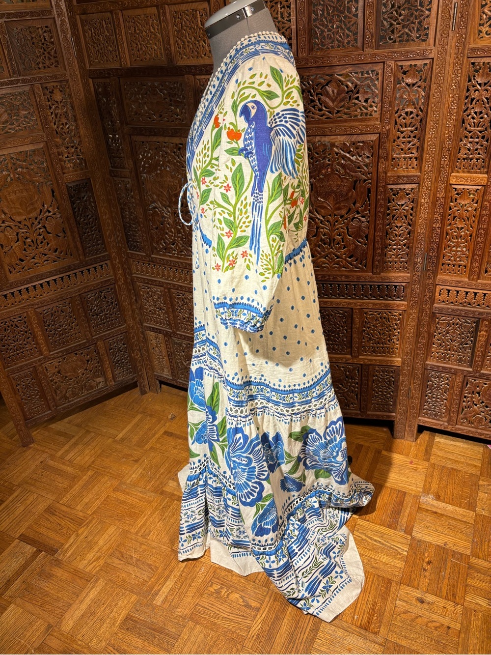 FARM Rio Maxi Dress Cream with Blue Floral and Parrot Motif - Picture 3 of 11